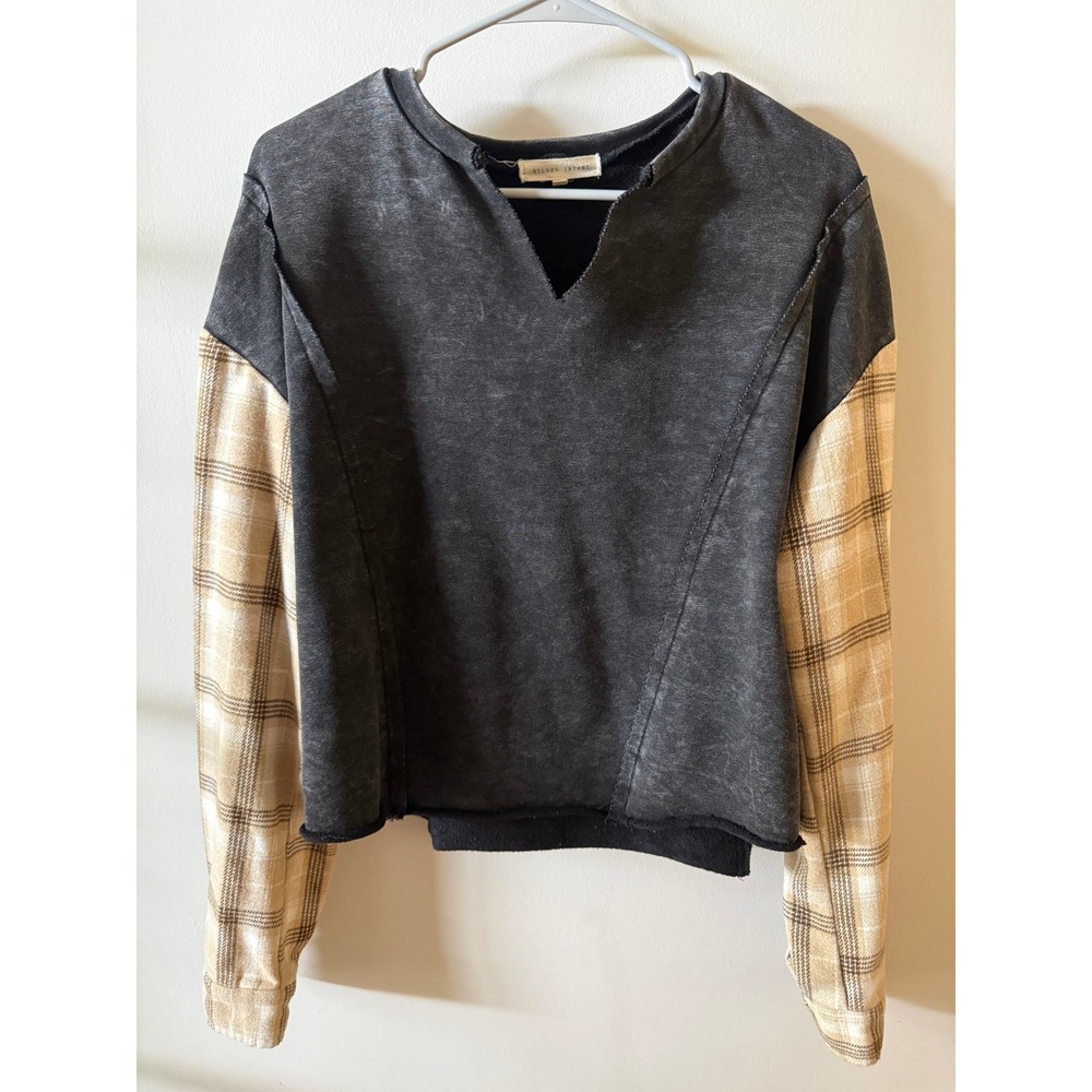 Gilded Intent Mixed Media Plaid Sleeve Acid Wash Sweatshirt Womens Medium Grey